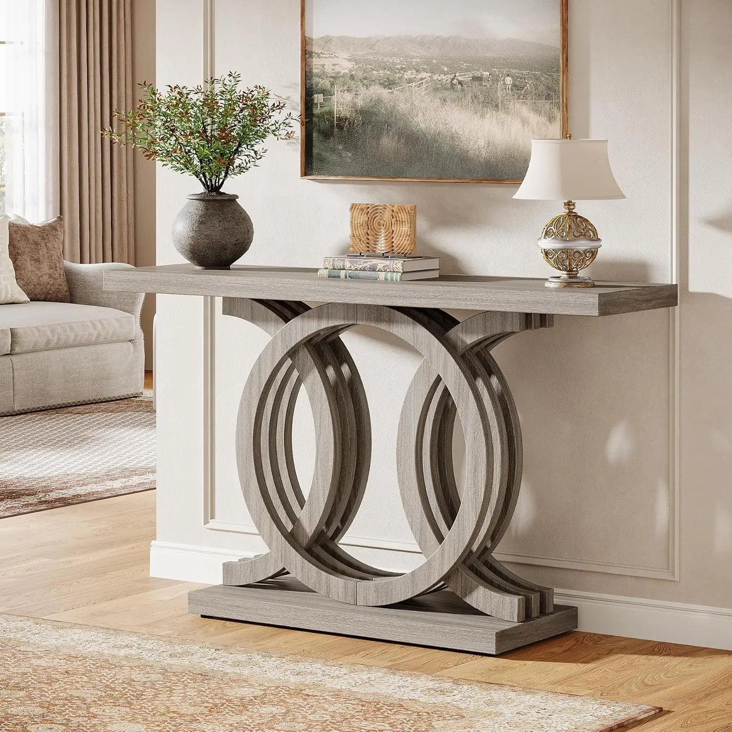 55-Inch Console Table with Geometric Wood Base,Modern Entryway Table with Thick Tabletop for Living Room, Hallway, Foyer (Gray)