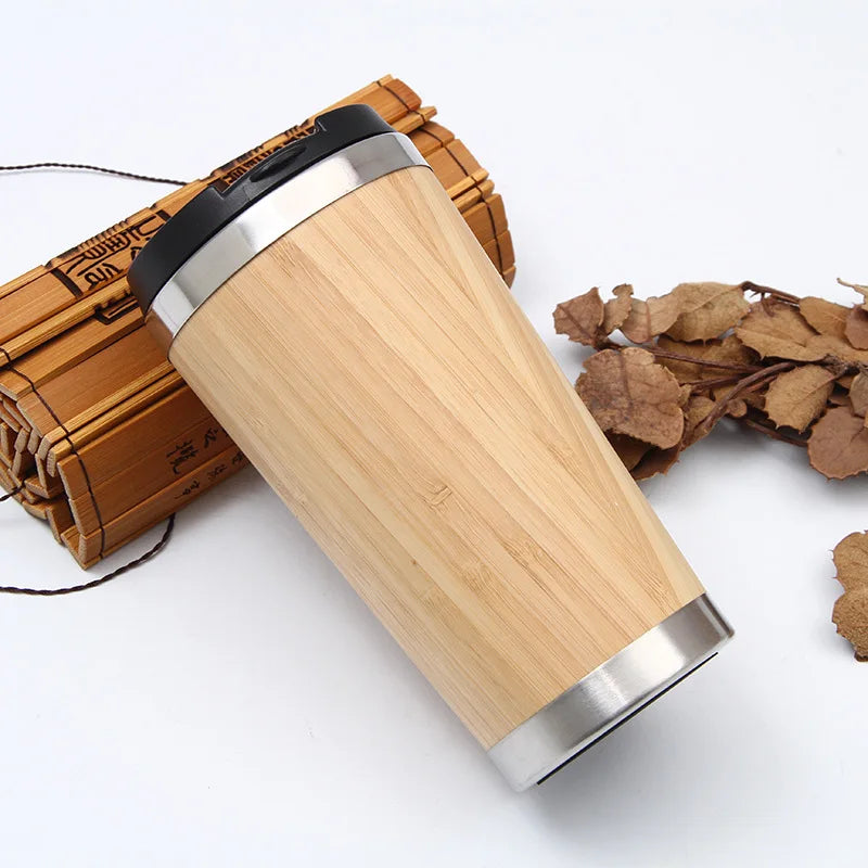 Natural Bamboo Vacuum Flask Coffee Mug – Stainless Steel Insulated Thermos