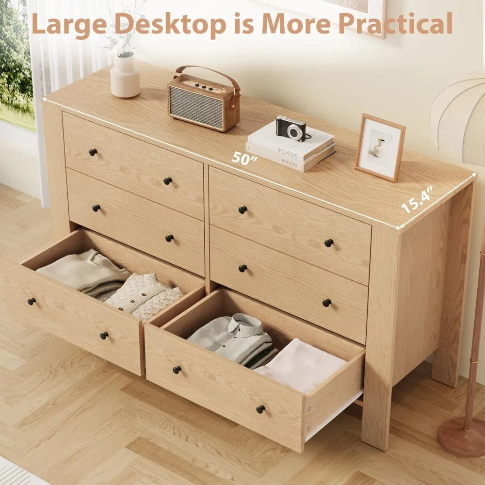 Natural Oak 6 Drawer Dresser for Bedroom, Modern Wide Dresser Organizer with Storage Drawers, Wooden Chests of Drawer
