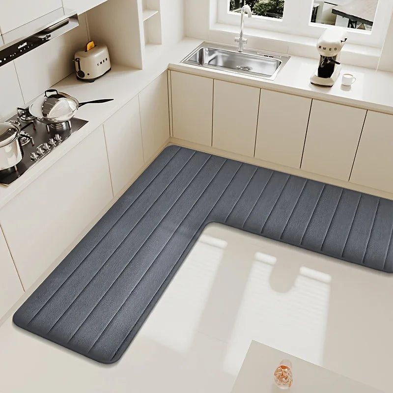 Long Striped Kitchen Floor Mat L-shaped Flannel Water Absorbent Bathroom Carpet Rug Non-slip Toilet Shower Mat Corner Doormat