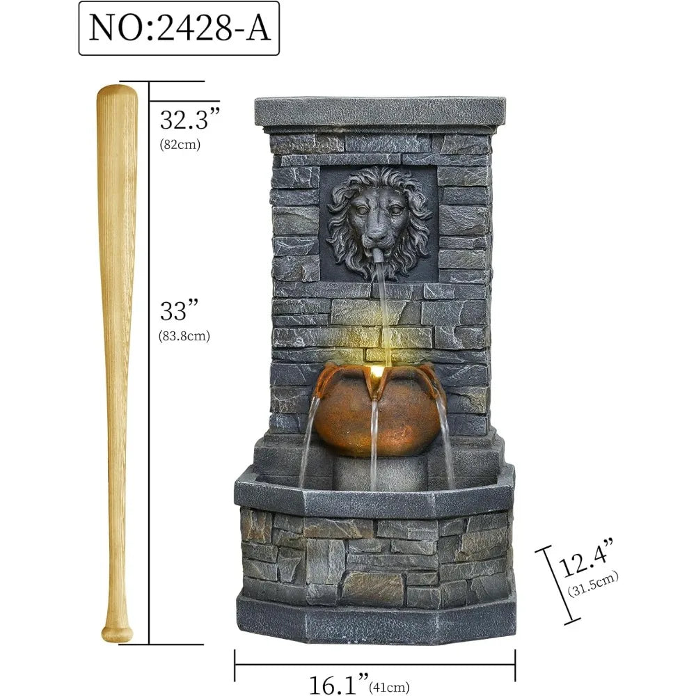 Outdoor Garden Floor-Standing Water Fountain Lion Head Stone with Lights Outdoor Waterfall for Patio, Backyard, Deck, Po