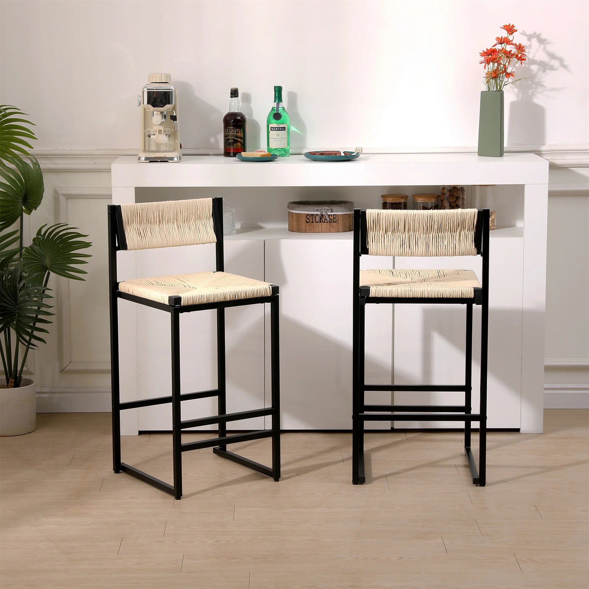 2pcs High Bar Stools Chairs Paper Rope Woven Barstools 220lbs Max Weighing Capacity for Kitchen Dining Room Coffee Shop