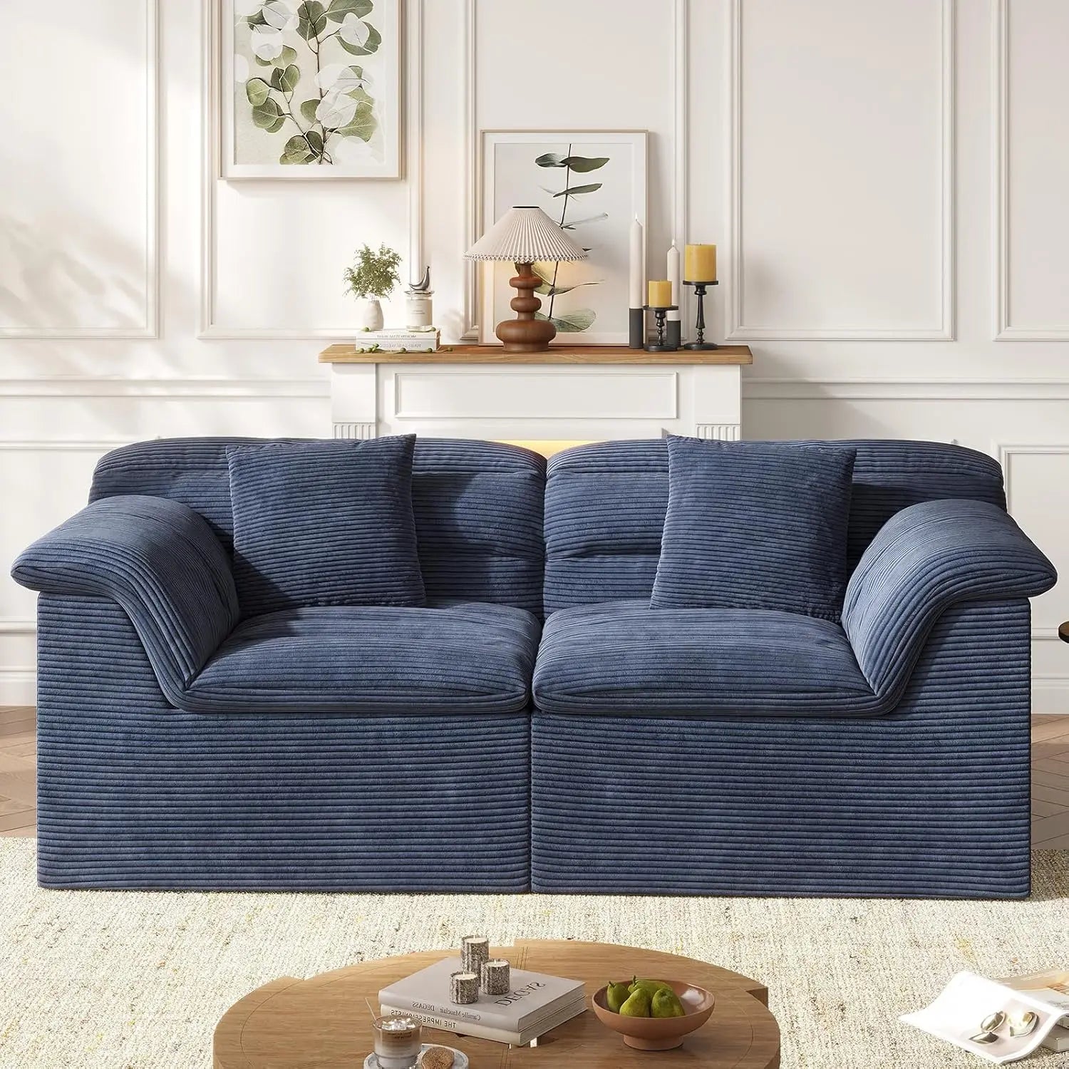 88" Cloud Sectional Couch, Modern Modular Sofa with Deep Seat, Comfy Compressed Loveseat, Corduroy Couches for Living Room
