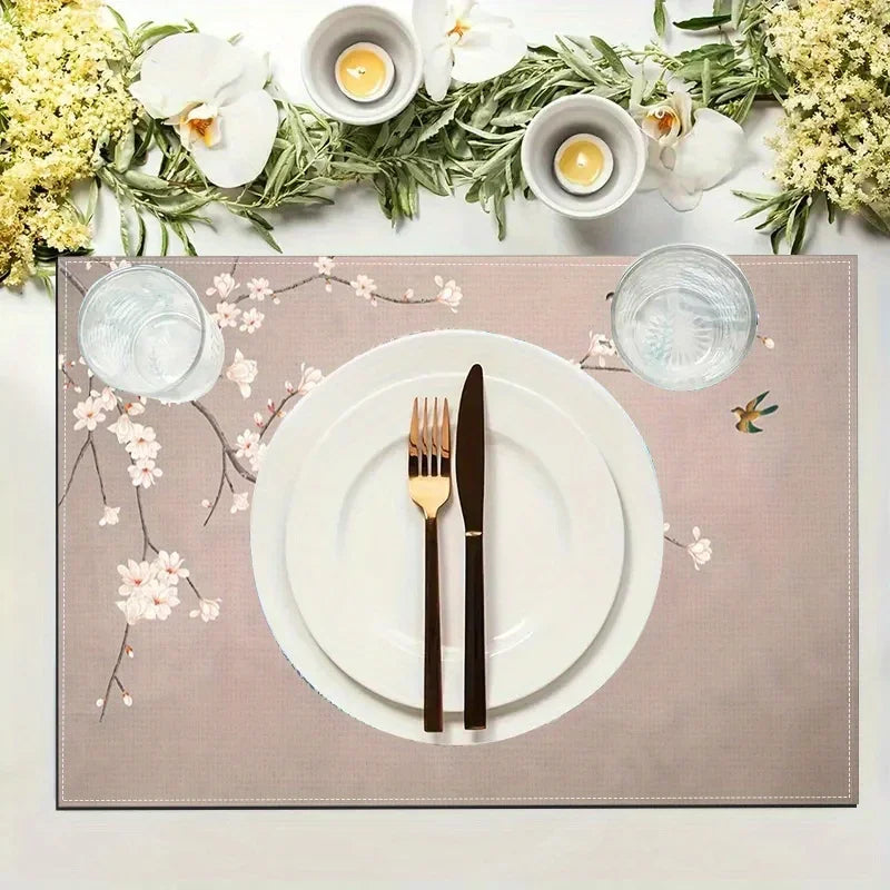 1PC Cherry Blossom Table Mats Vibrant Pink Sakura Branches With Birds Design, Durable Linen Woven Material, Perfect