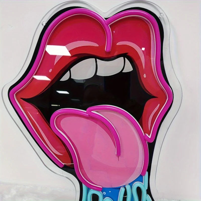 Pink Lips and Tongue LED Neon Sign - Glowing Wall Signs for Room Decoration USB Powered UV Panel Wedding Bar Decoration Signs
