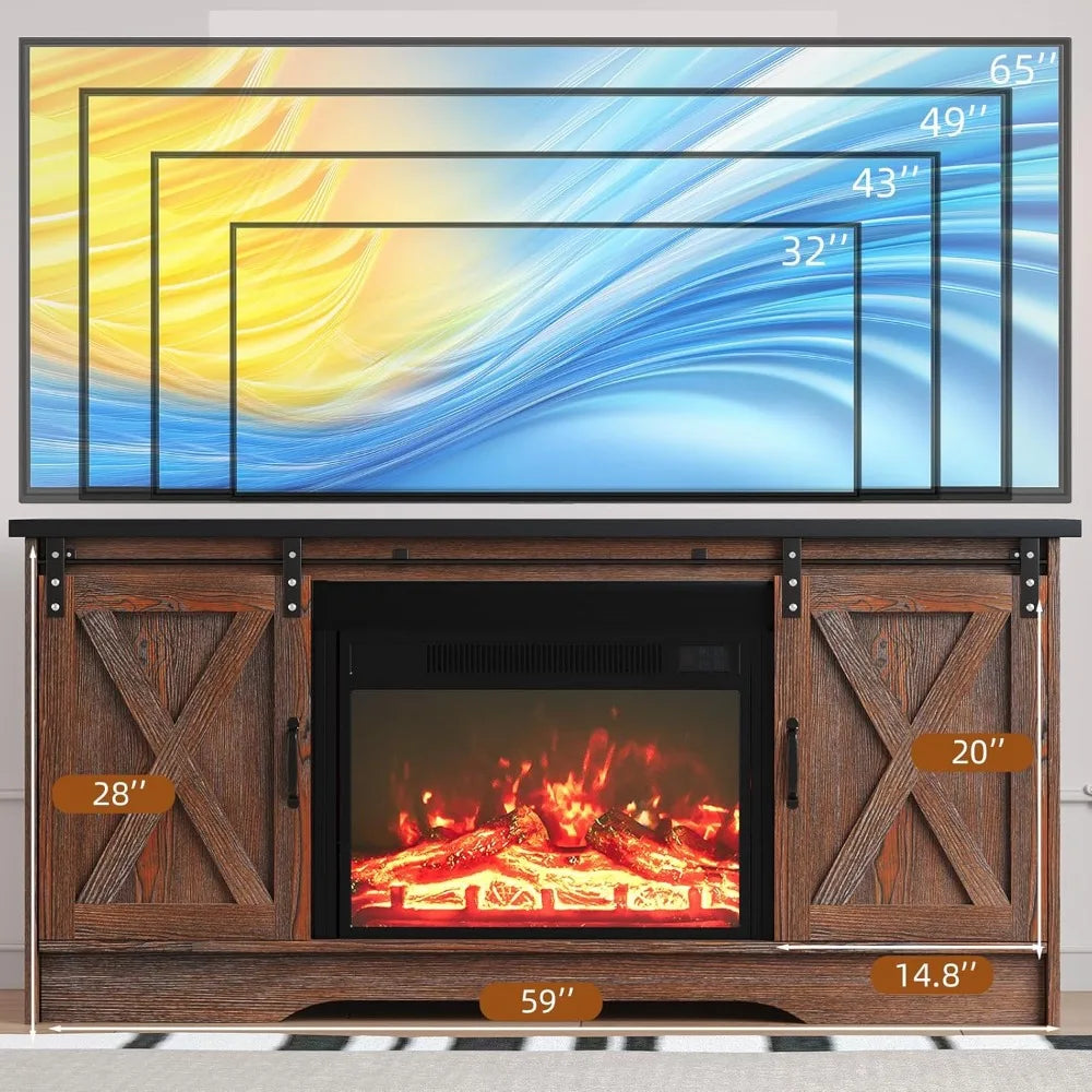 Fireplace TV Stand with Fireplace, Sliding Barn Door, Adjustable Storage Cabinets, Farmhouse Entertainment Center