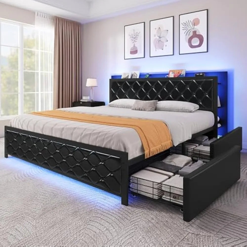 Queen Upholstered Platform Bed Frame with RGB LED Headboard & 4 Storage Drawers – Faux Leather