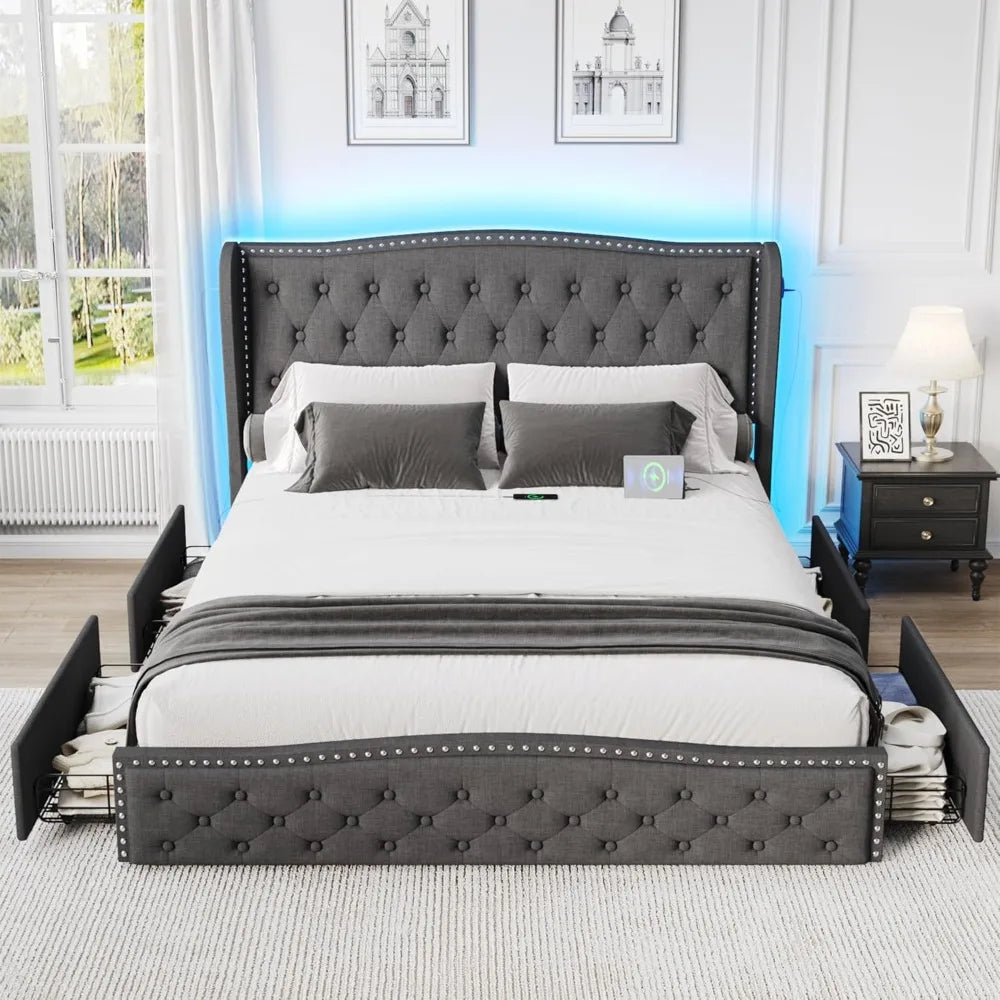 Queen Size LED Upholstered Bed Frame with Storage Drawers & Charging Station – Wingback Headboard