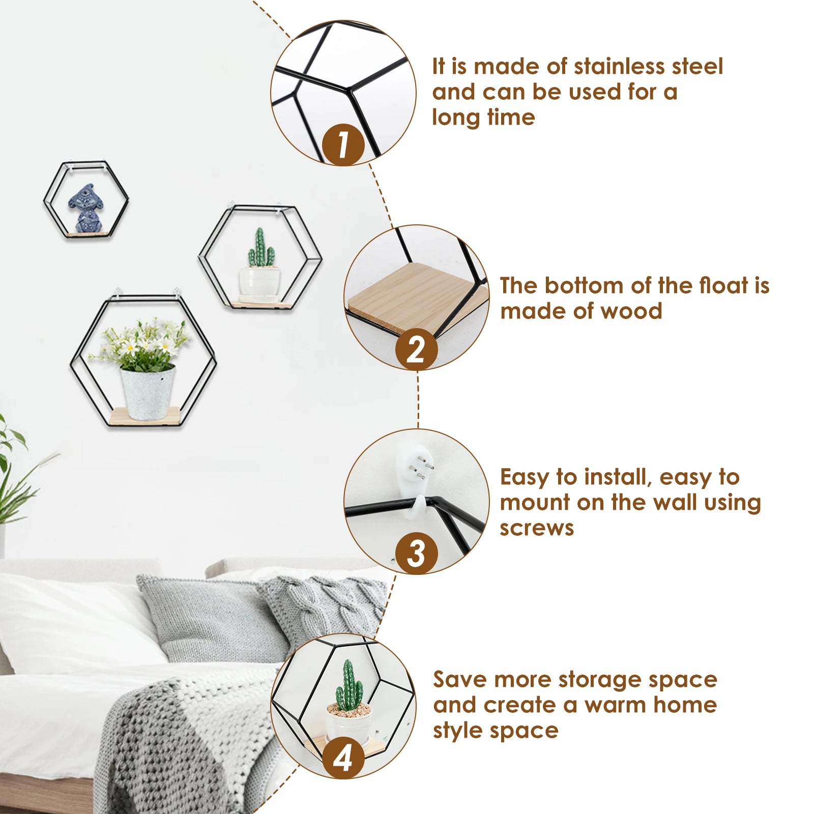 3Pcs Wall Mounted Hexagon Shelf Metal Anti Rust Storage Shelves Sundries Storage Holder Wall Decor for Bedroom Living Room