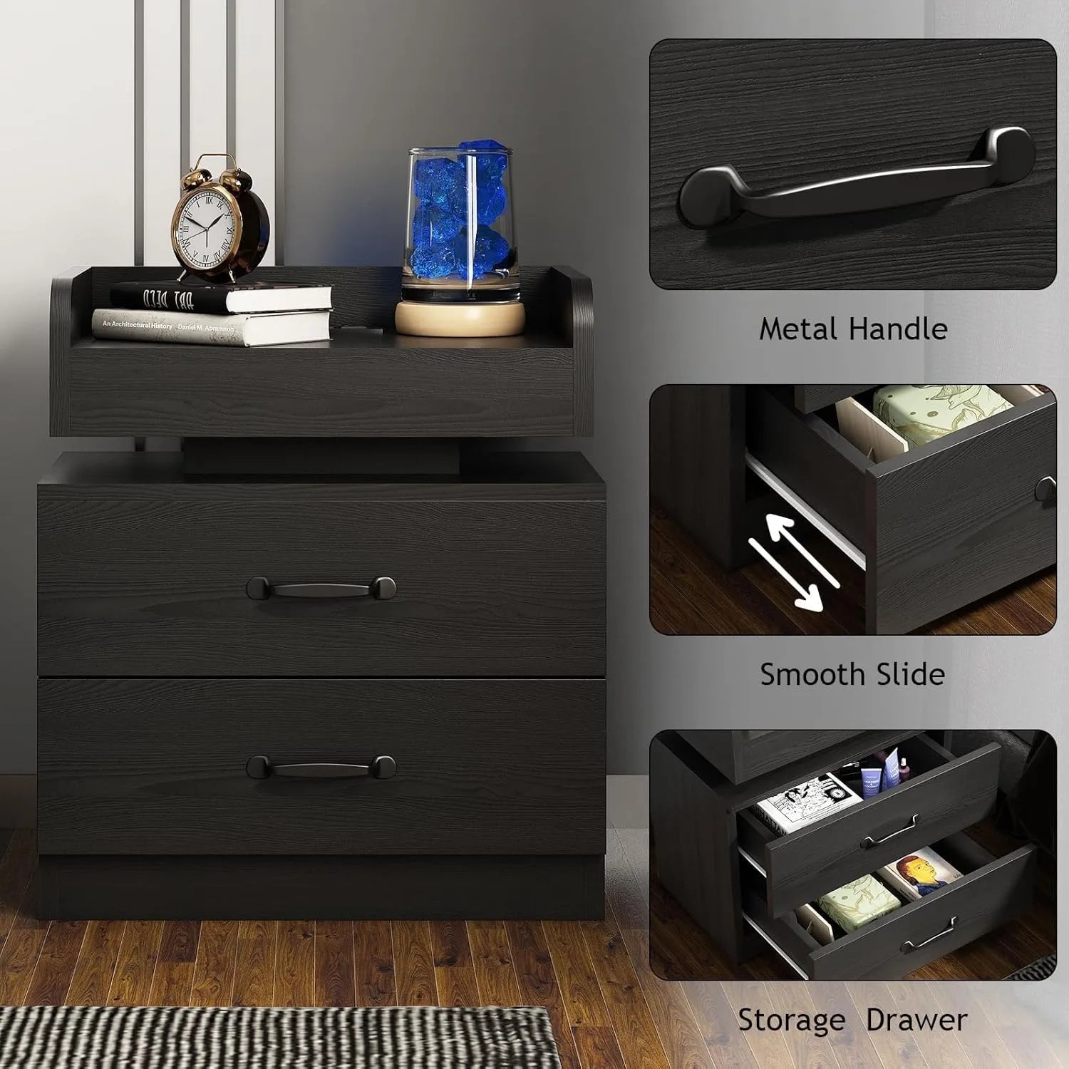 Black Nightstand with Charging Station, Bedside Table for Bedroom, LED Nightstand, Modern Night Stand with Drawers, Black