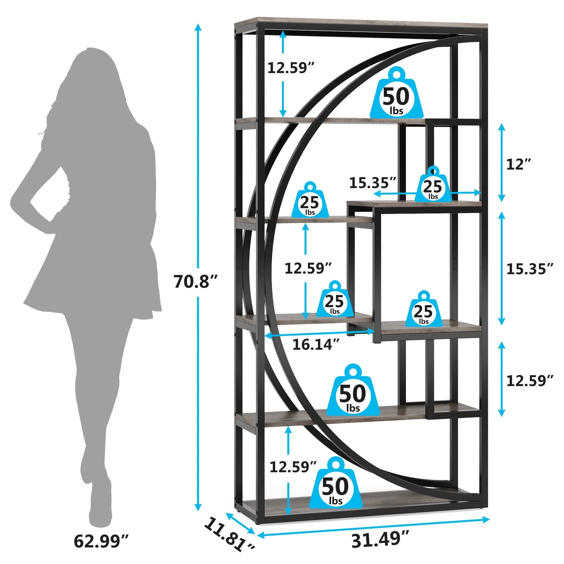 Tribesigns Industrial 5-Tier Étagère Bookcase – 70.8″ Tall, Vintage Grey