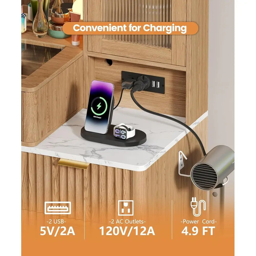 LED-lit 30.1 Mirror Vanity Desk with 8 Drawers, Glass Top, Power Outlet, Natural Oak Makeup Table for Bedroom