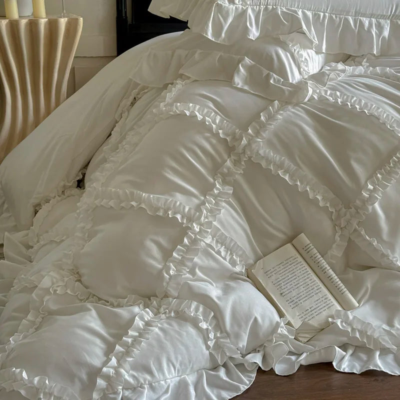 4Pcs French Princess Style Ruffles Bedding Set Double King Queen Size Wedding Bedroom Duvet Cover Flat/Fitted Sheet Pillowcases