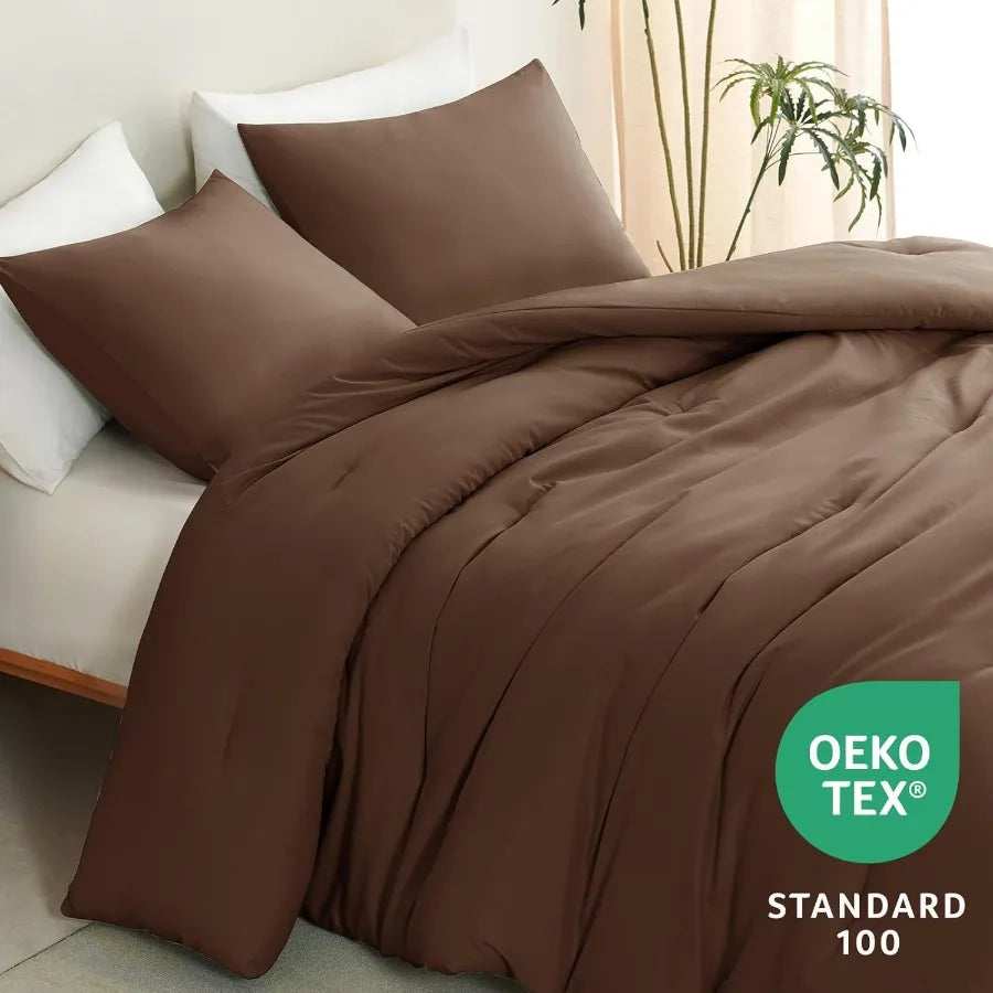 King Size Comforter Set Brown 3 Pieces Solid Comforters King Size Breathable Quilted Style Bedding Set Luxury Soft Bed Set with