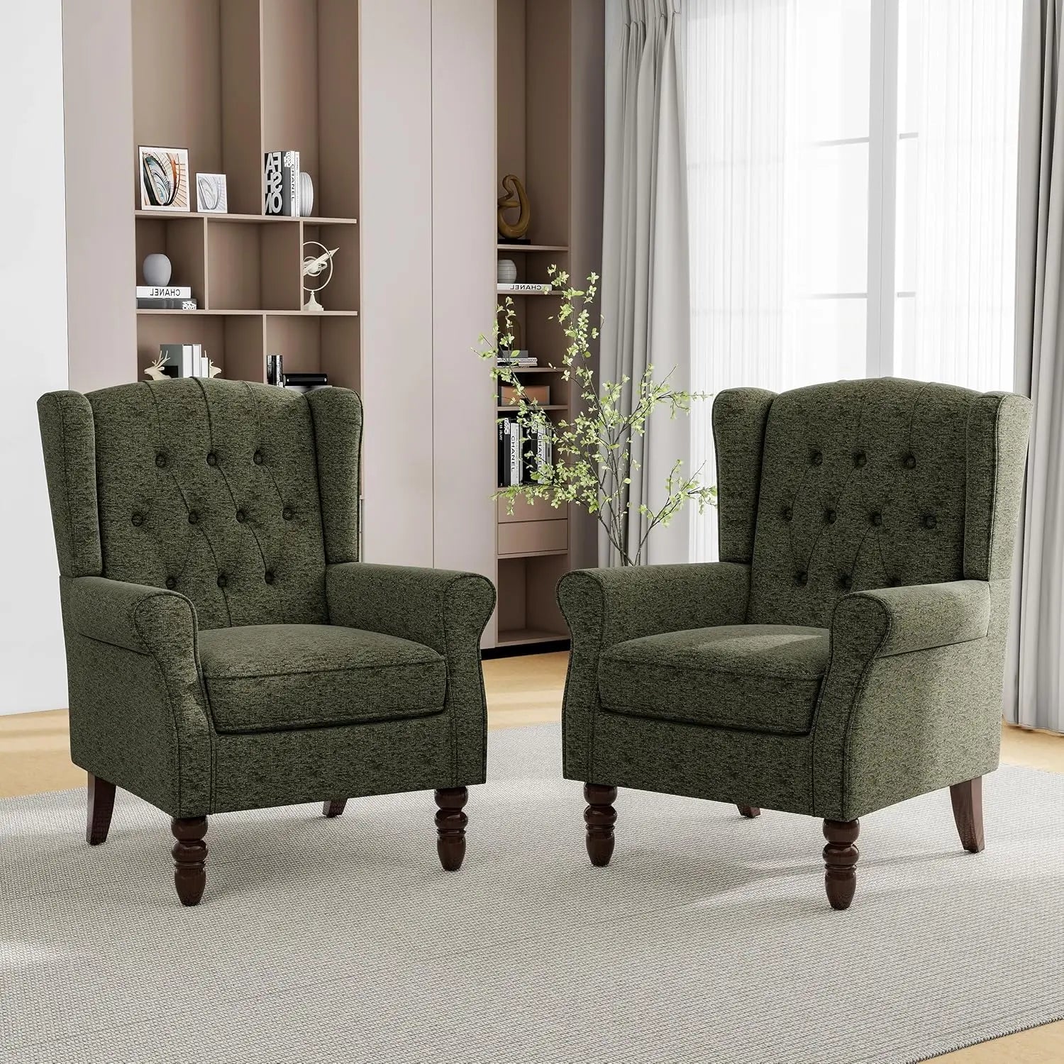 Floral Accent Chairs – Set of 2 High-Back Retro Wingback Armchairs