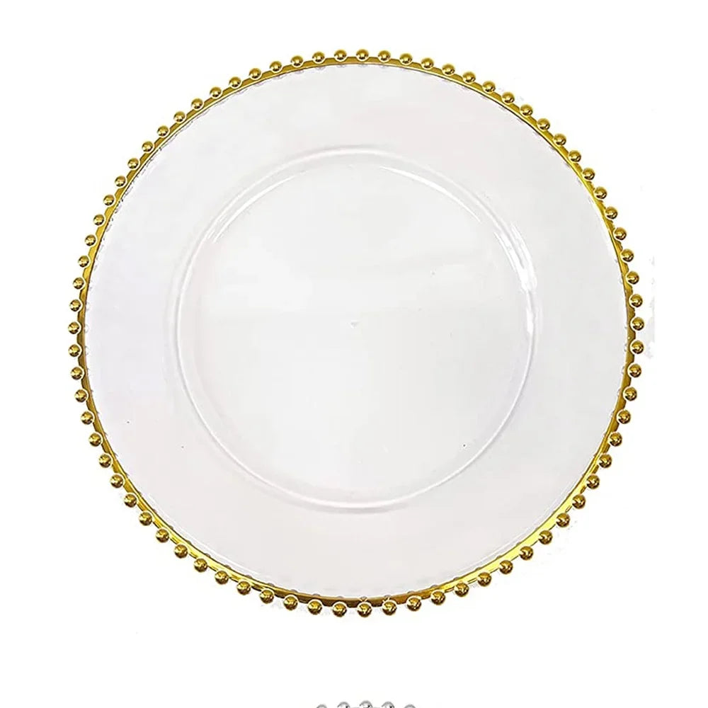 Clear Acrylic Charger Plate with Gold Beaded Rim – Decorative Dinner & Serving Plate