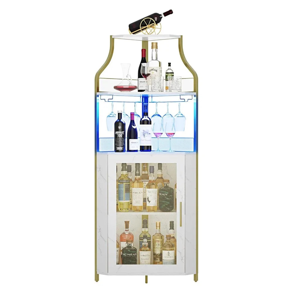 Corner Bar Cabinet – 5-Tier Industrial Wine & Liquor Cabinet with LED Lights