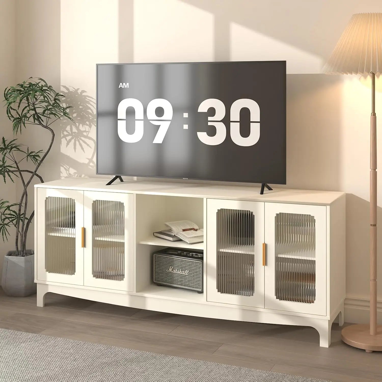 65 Inch Green TV Stand for TVs up to 70+ inch, Mid Century Modern Glass Door TV Console Table,Entertainment Center with Storage