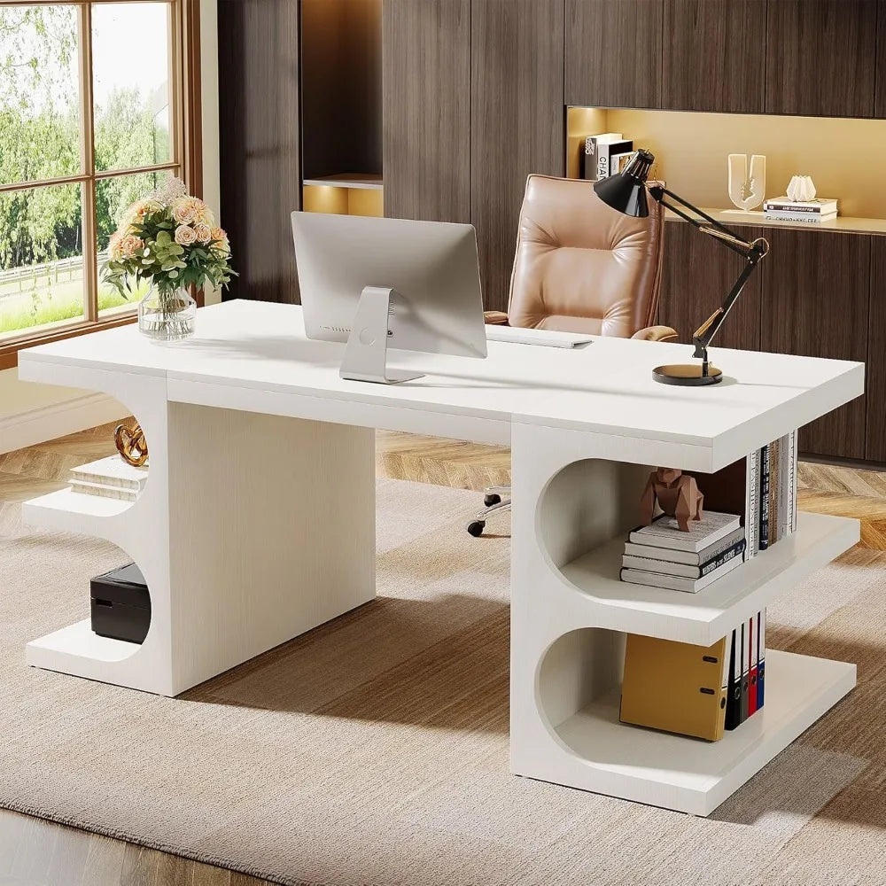 Modern Executive Office Desk,Computer Office Desk with Storage Shelves,Wood Study Writing Table,Workstation Business Furniture