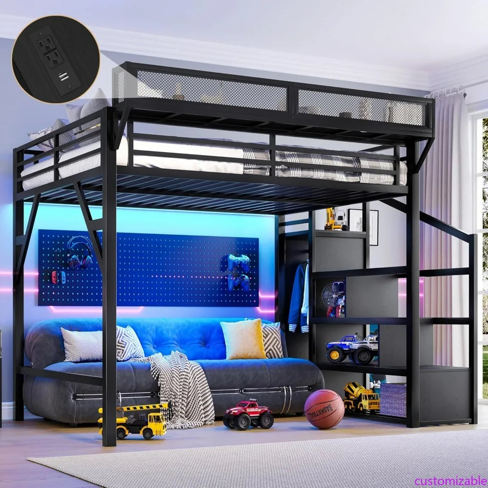 Metal Queen Loft Bed Frame – Storage Stairs, Wardrobe, Side Shelf, USB & LED Lighting