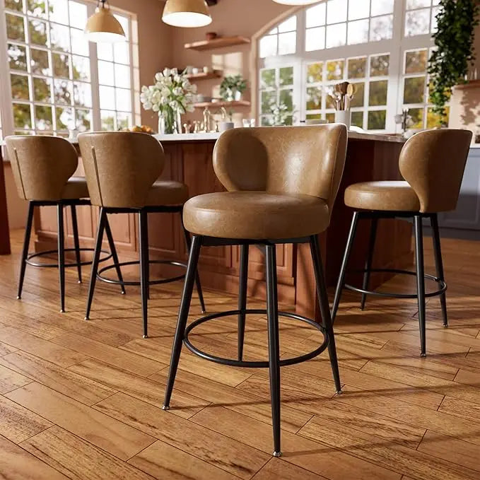 Swivel Counter-Height Bar Stools – Upholstered Leather with Back & Footrest (Set of 4)