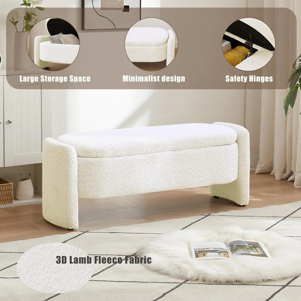 Large Lamb Fleece Storage Ottoman Bench – Upholstered Bedroom & Living Room Bench