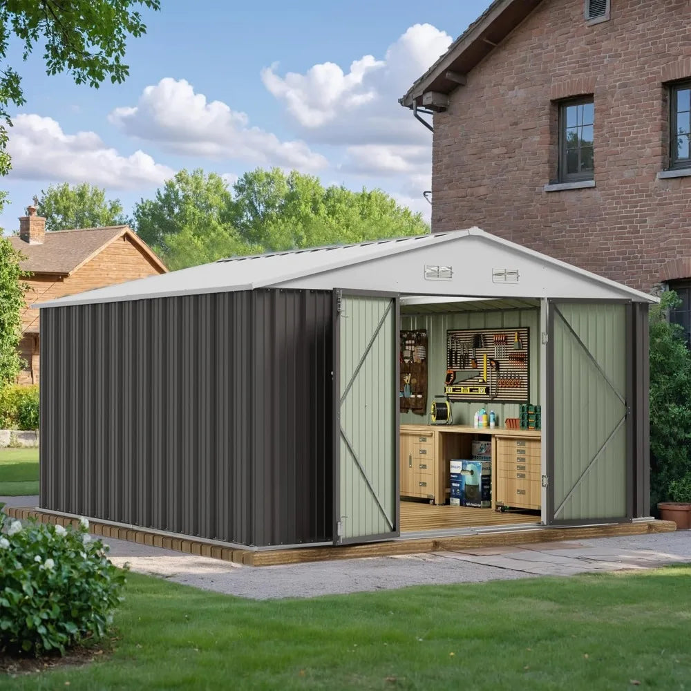 Large Grey Metal Outdoor Storage Shed - 10x10 FT Garden & Tool Shed for Backyard Patio Lawn