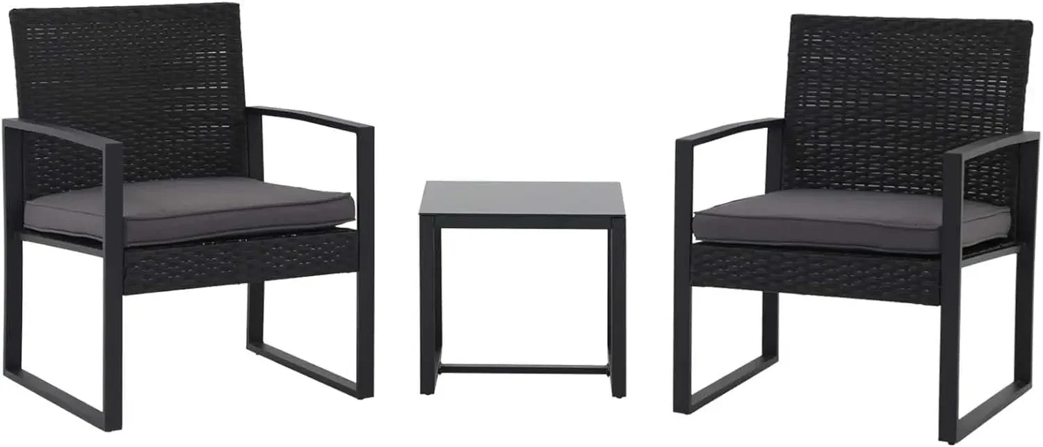 3 Pieces Patio Furniture Set, Outdoor Wicker Bistro Set, Modern Rattan Conversation Furniture with 2 Chairs and Tempered
