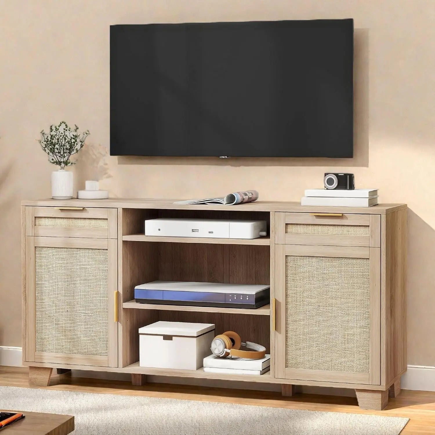 Rattan TV Stand for up to 65 Inch, Boho Media Console with Drawers & Adjustable Shelves, Natural Oak