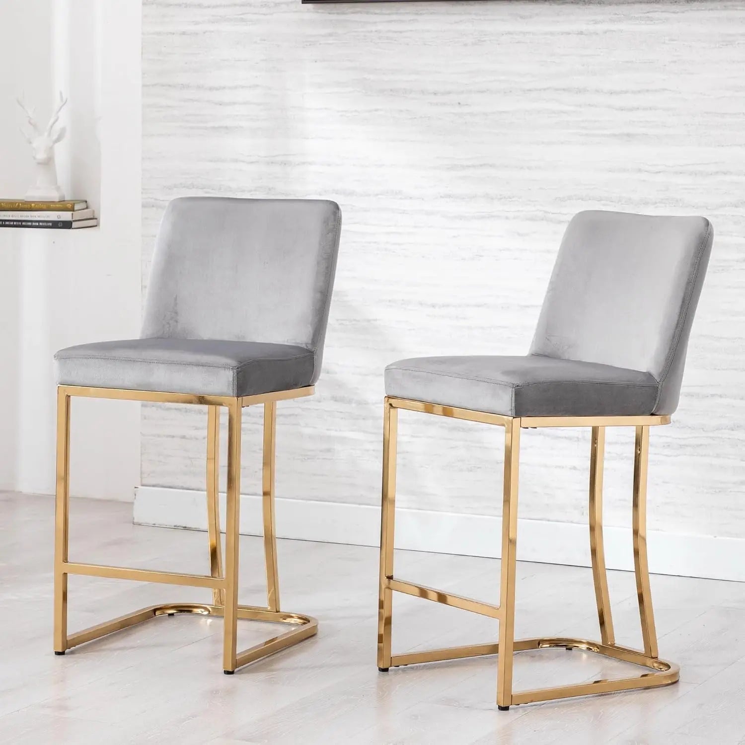 Modern Gold Counter Stools – Velvet Upholstered Barstools with Gold Legs (Gray)