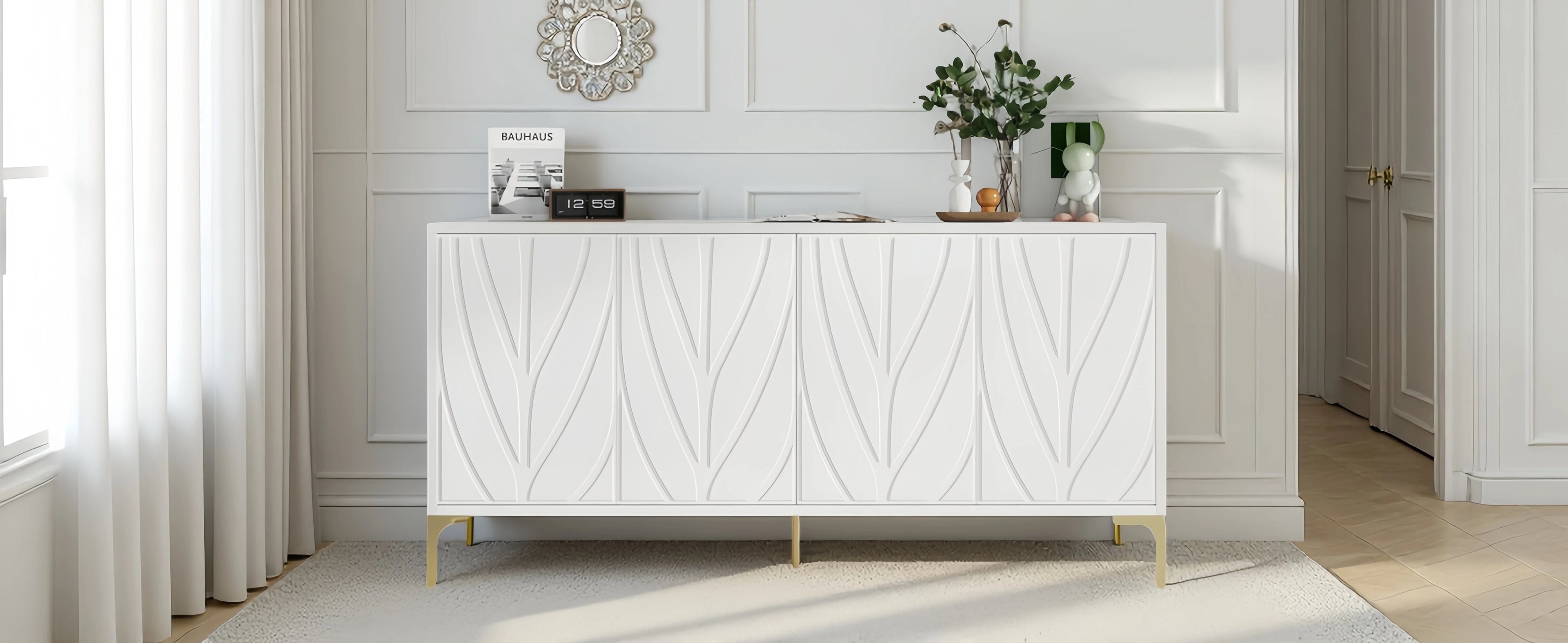Creative carved 4-door Sideboard Handleless Press-to-Open Design Buffet Cabinet for Dining Room,Living Room, Bedroom, Hallway