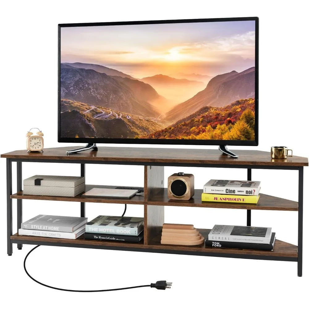 Corner TV Stand for TVs up to 65”, TV Console Table w/AC Outlets, USB A Ports, USB C Port, Metal Frame & Storage Shelve