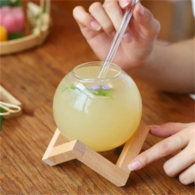Creative Ronud Ball Glass Cup with Wood Stand Straw Wine Cocktail Glass Cup Clear Moon Ball Cold Drinking Juice Cups