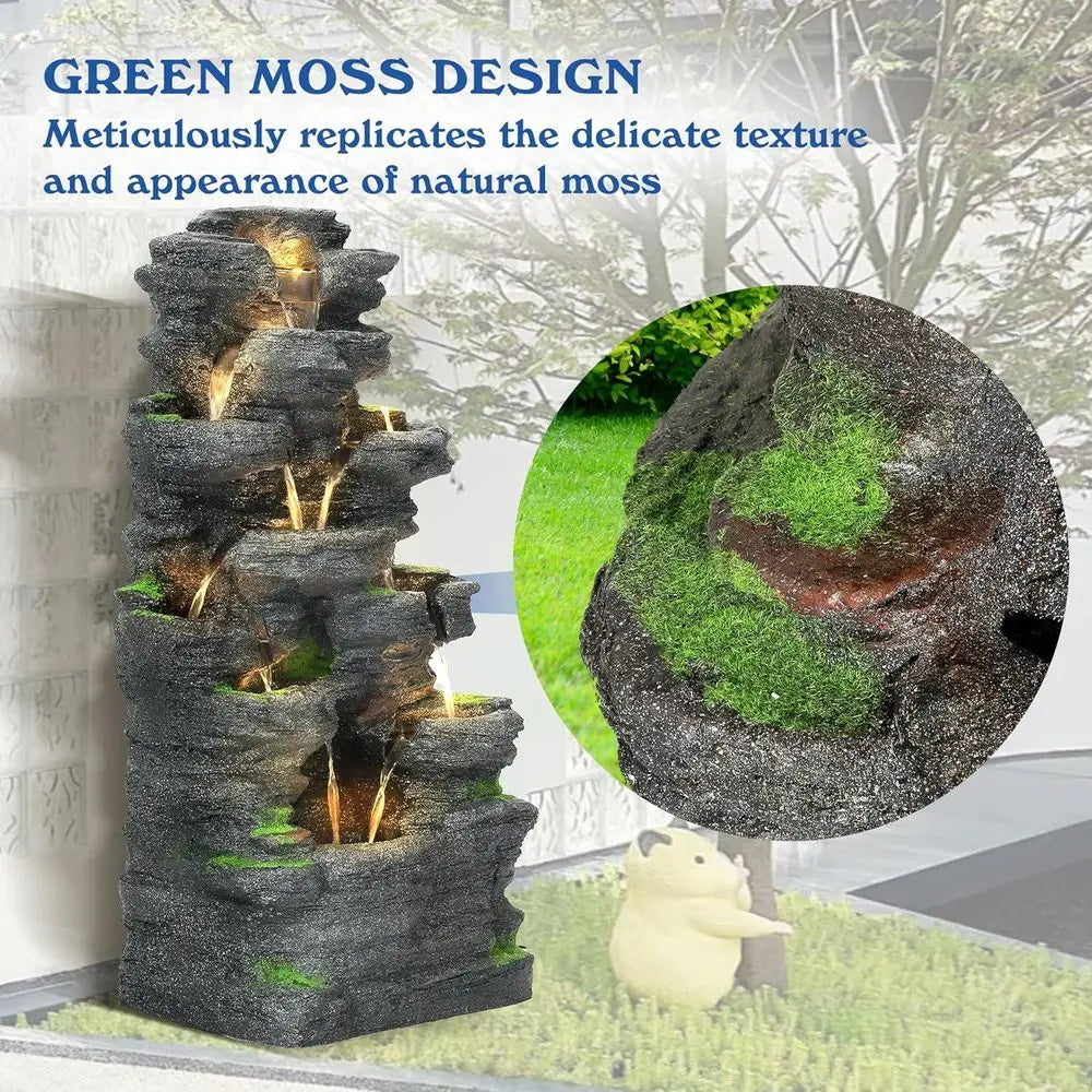 40''H Outdoor Water Fountain - Garden Rock Waterfall Fountains, Outdoor/Indoor Floor Standing Resin Water Fountain with 10 LED L