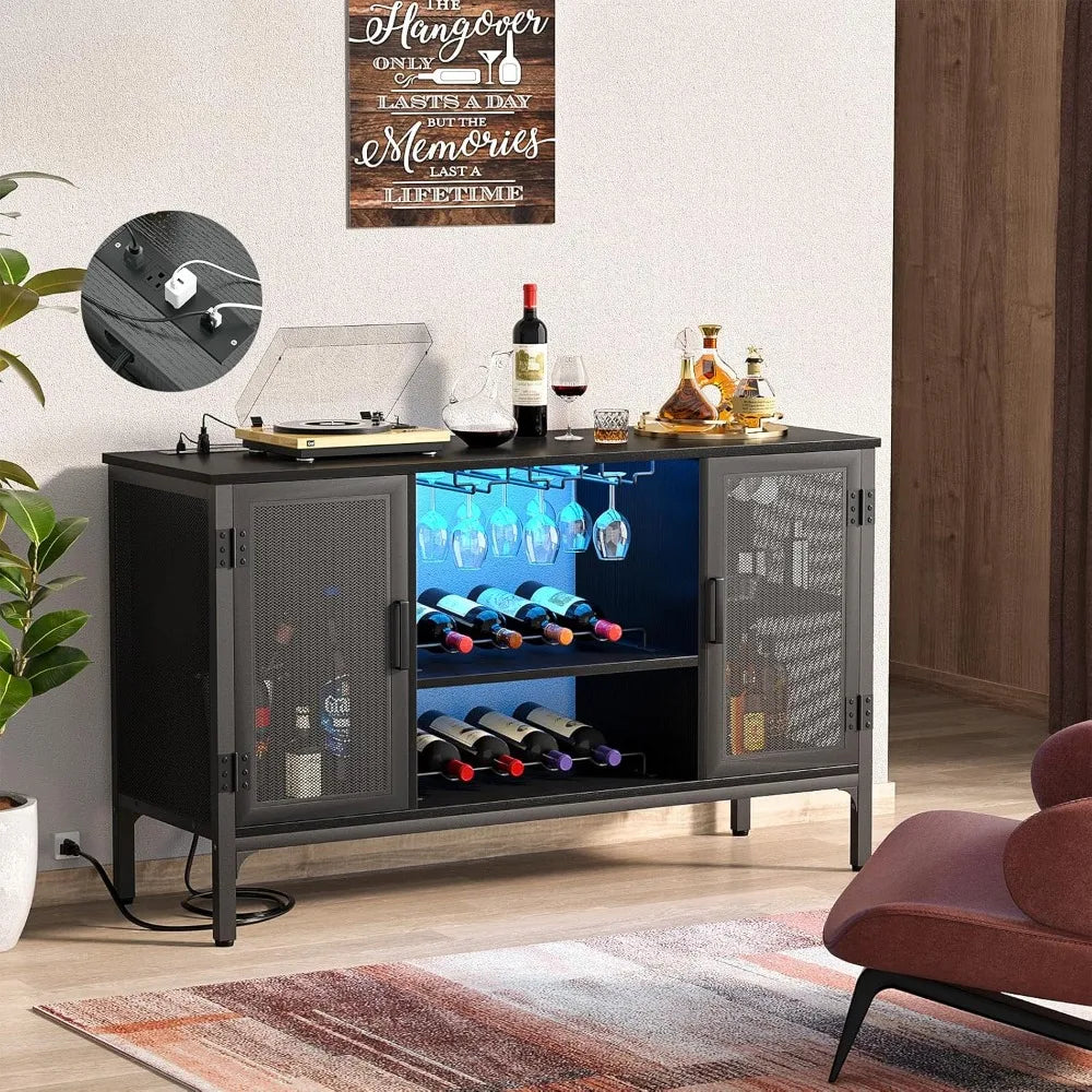 Industrial Wine Bar Cabinet with Power Outlets & LED Lights – Adjustable Wine Rack Coffee Station