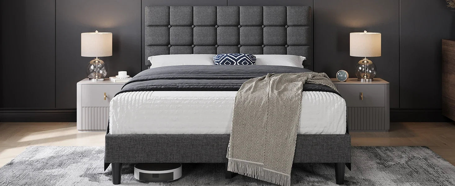 Modern Full Size Upholstered Platform Bed Frame – Square-Stitched Button Tufted Headboard