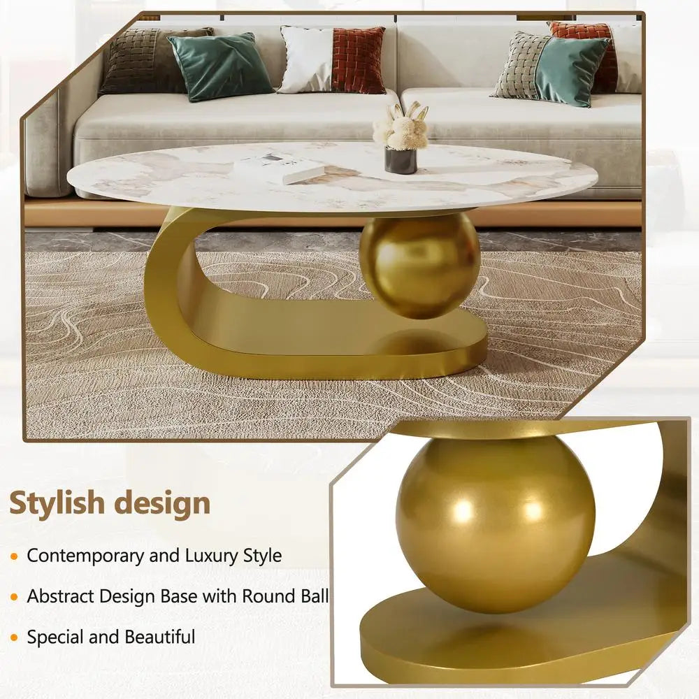 Modern Oval Sintered Stone Coffee Table with White Marble Pattern & Gold Stainless Steel Base – 47.2”