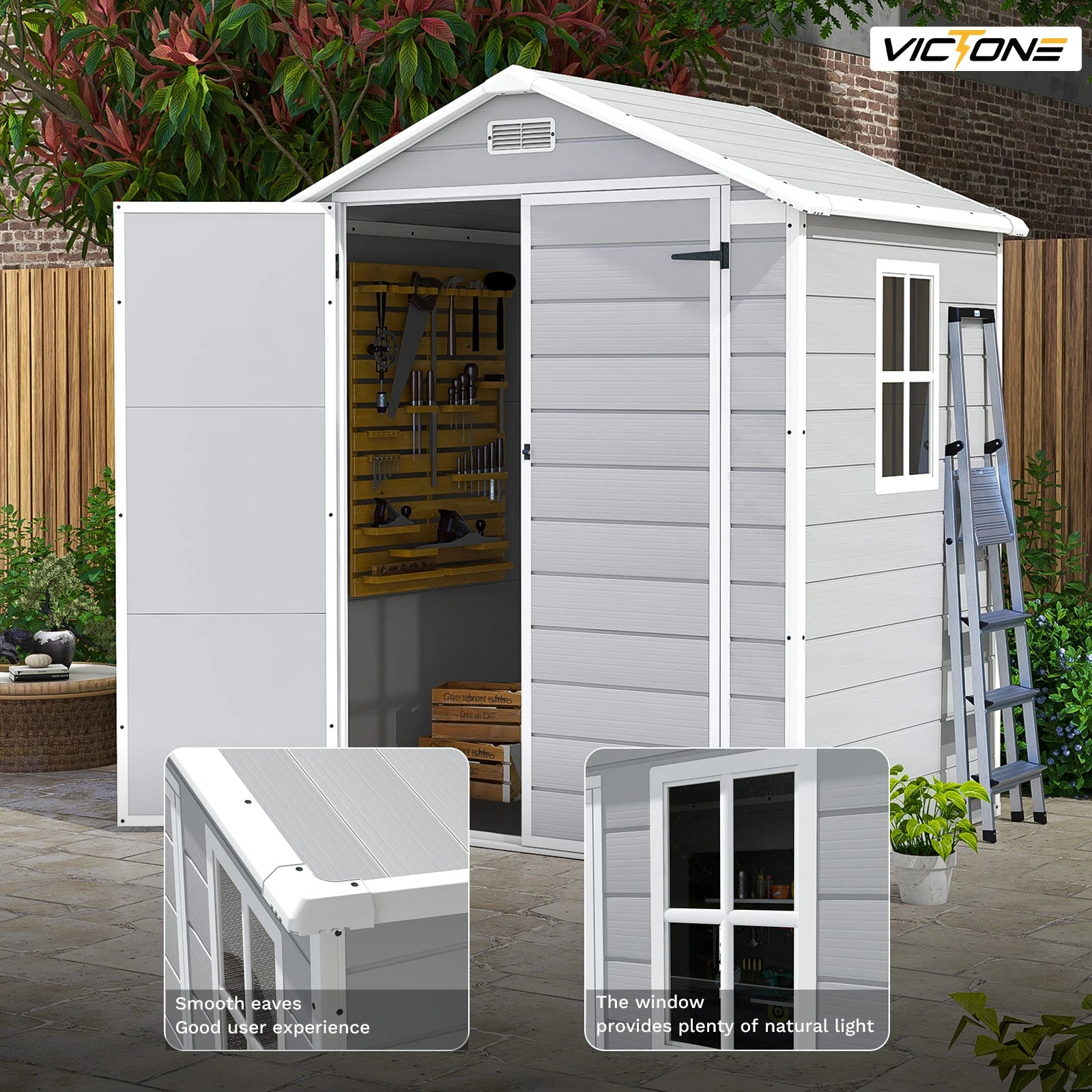 Victone 6' x 4' Plastic Outdoor Storage Shed with Floor, Resin Garden Tool shed with Windowsfor Garden, Backyard, Pool Tools