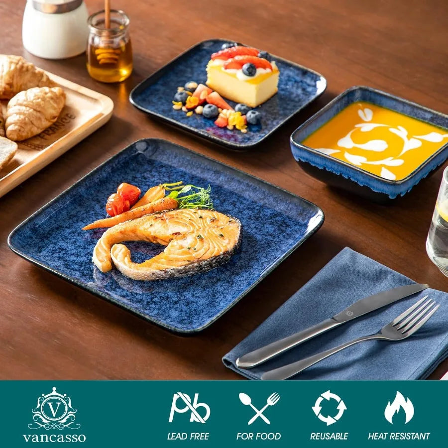 Stern Blue Square Dinnerware Set – 16 Piece Stoneware Tableware Collection