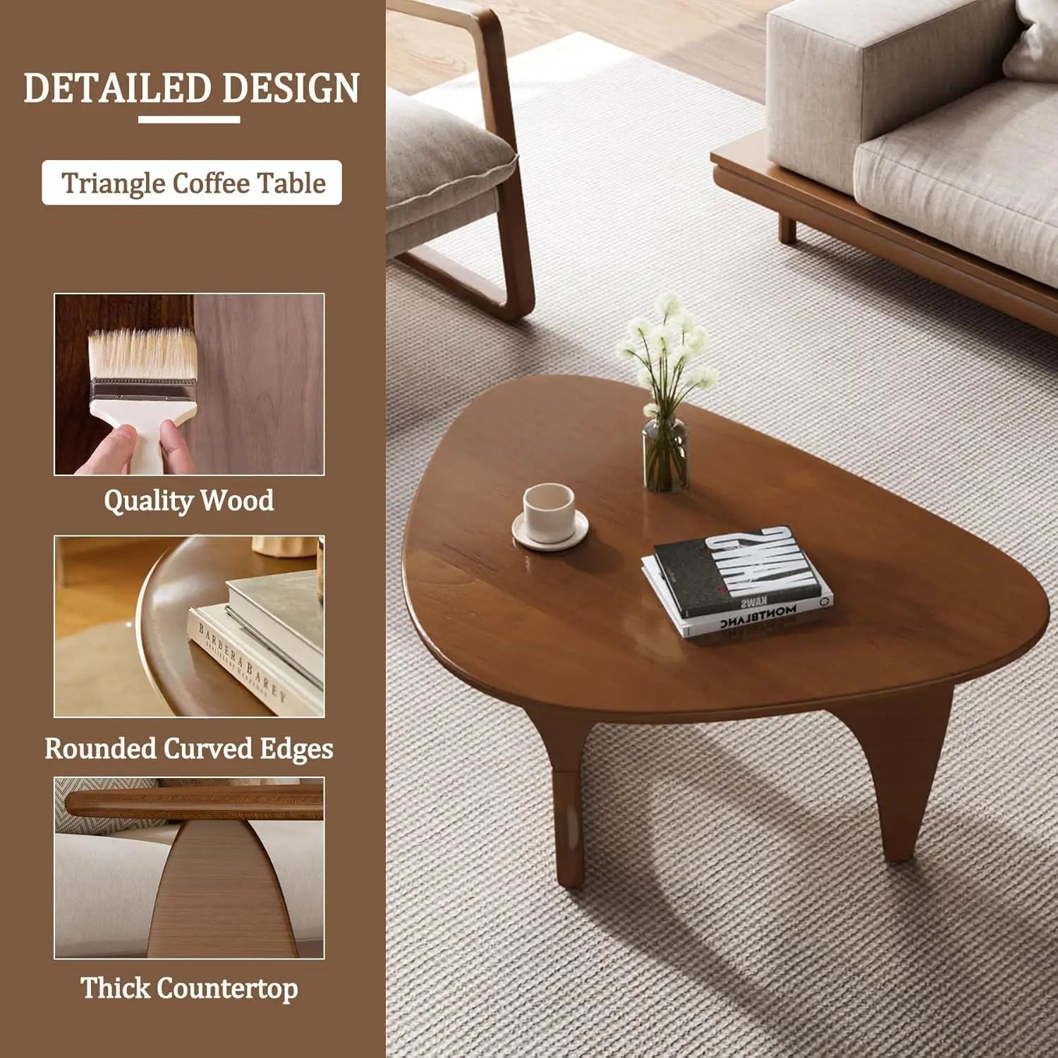 Mid-Century Modern Triangle Coffee Table – Rustic Center Table with Solid Wood Legs