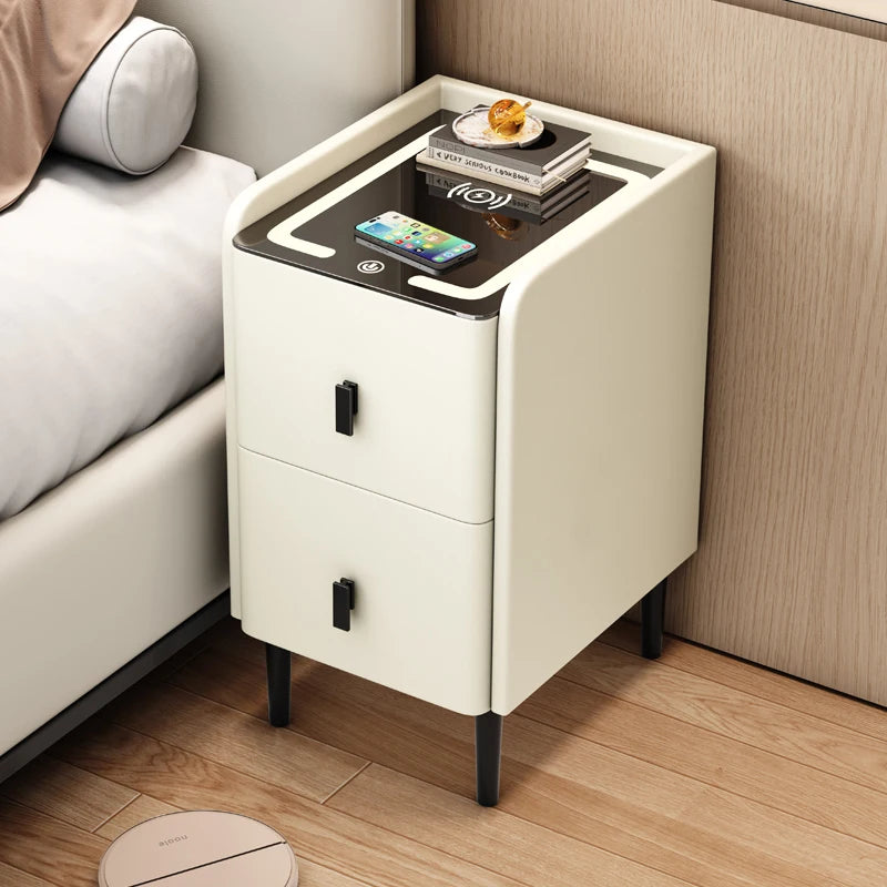 Ultra Narrow Smart Nightstand Luxury Bedside Table Minimalist Solid Wood Storage Cabinet Compact Bedroom Organizer with Charging