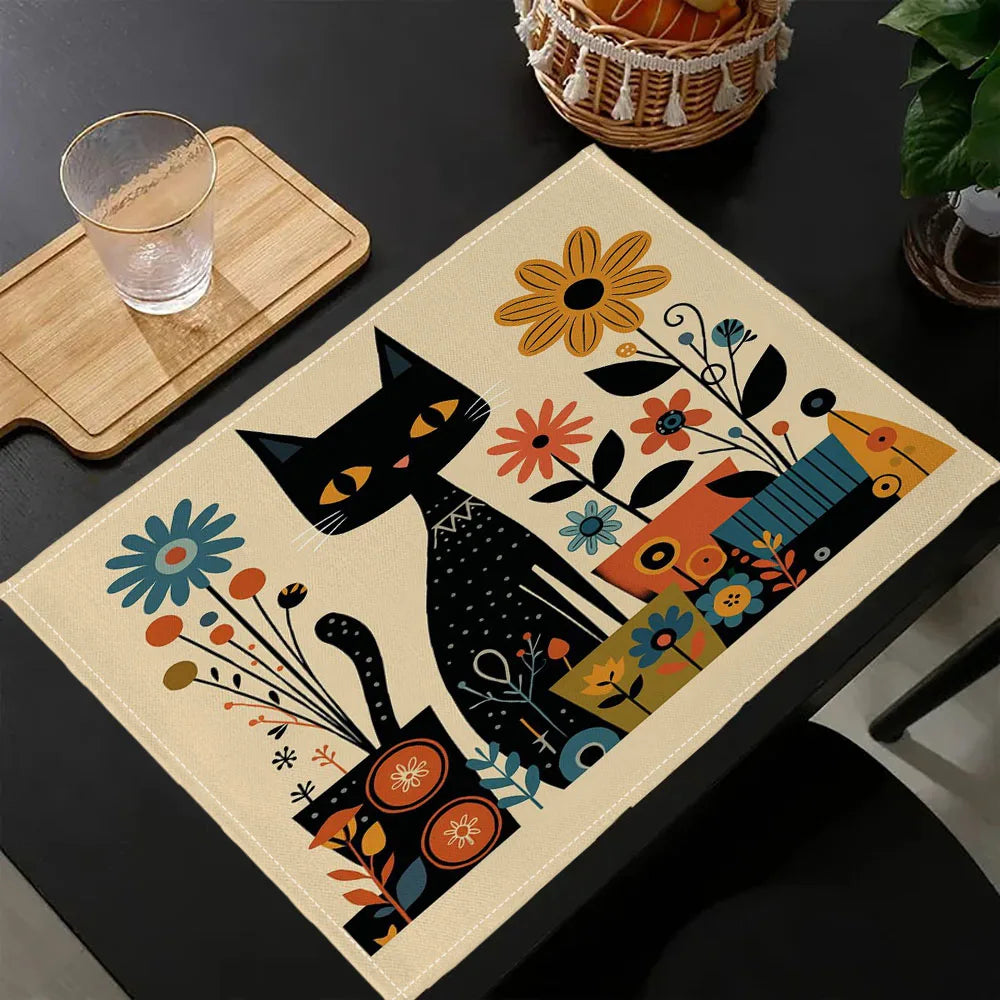 1PC Black Cat and Floral Placemats Washable Heat Resistant 30x40CM Floral Watercolor Multicolor Linen Fabric Table Place Mat7.14