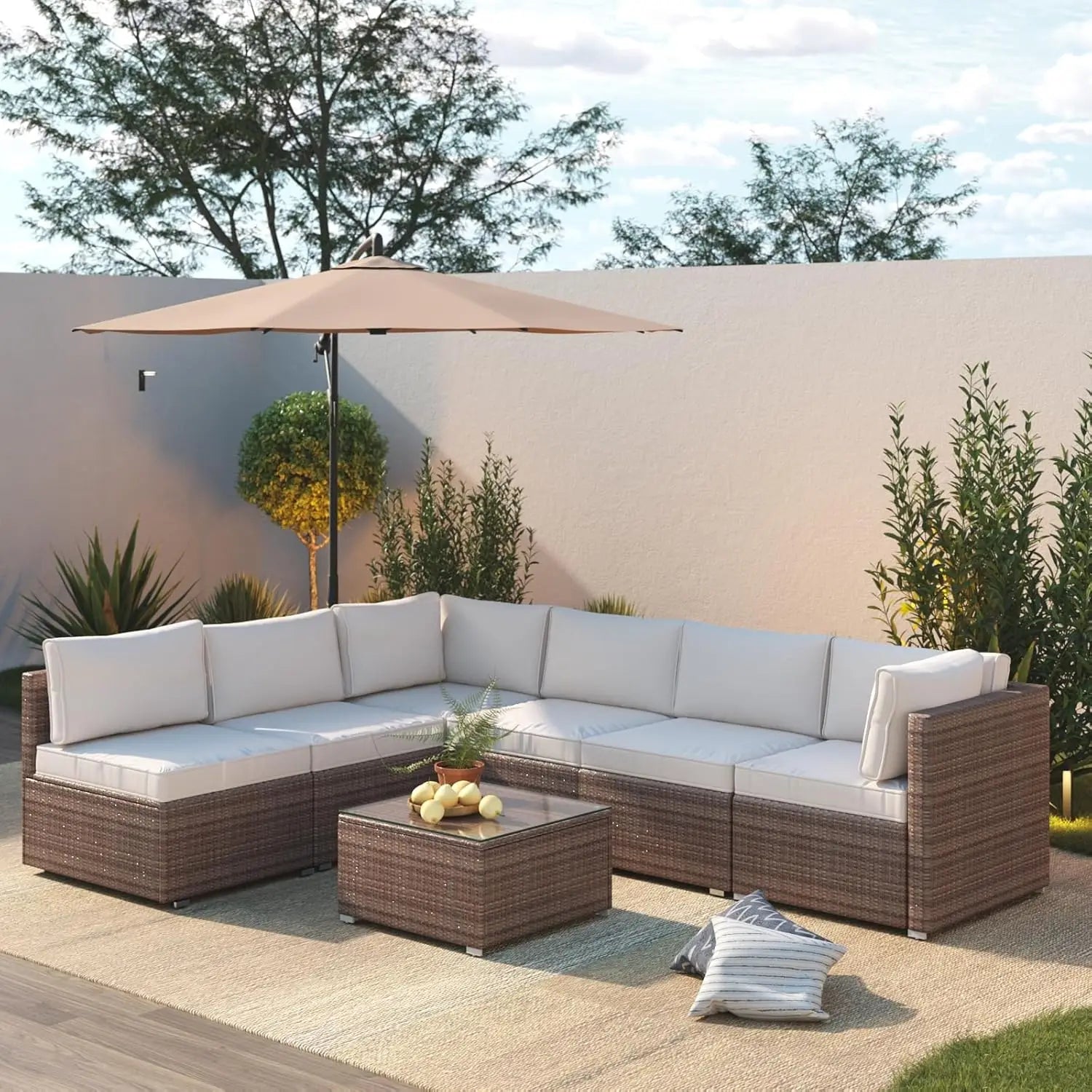 7 Piece Patio Furniture Set, Outdoor Couch Set—All-Weather Outdoor Furniture Sectional w Water Resistant Thick Cushions, Patio