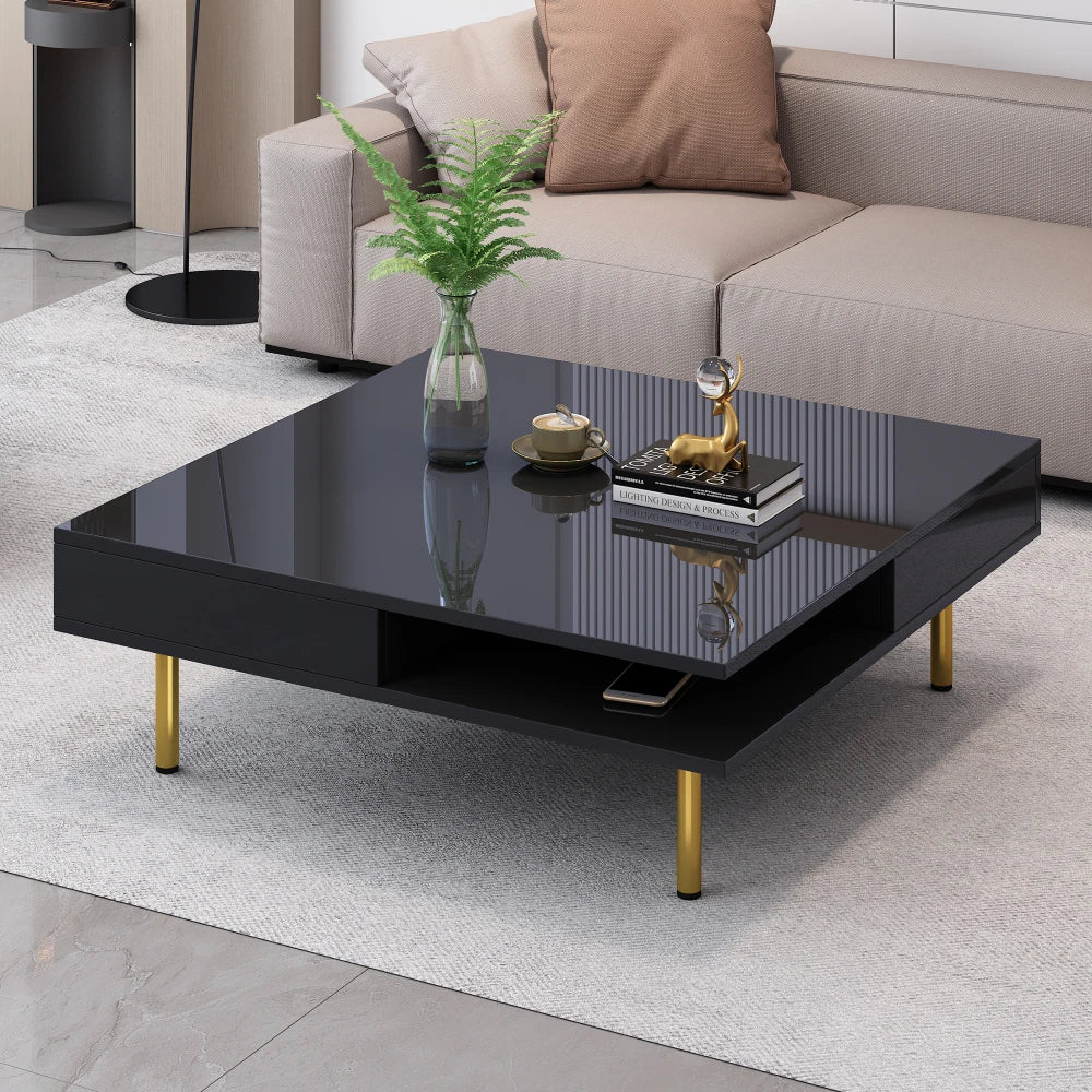 Exquisite High-Gloss Coffee Table – Square 2-Tier Center Table with Gold Legs & Dual Drawers (Black)