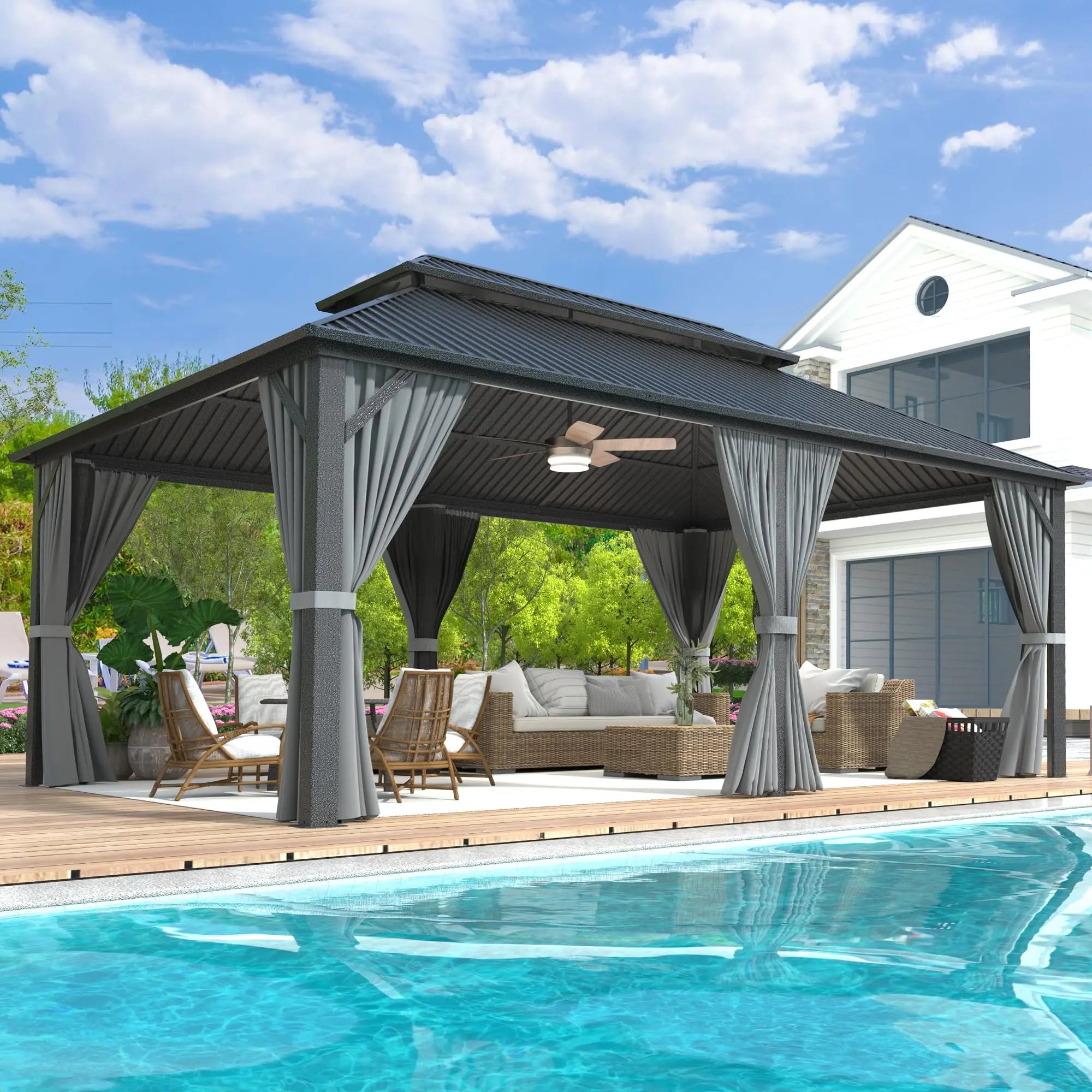 10x12~12x20FT Hardtop Gazebo Aluminum Frame Galvanized Steel Roof w/ Netting Curtain All Weather for Backyard Patio Garden