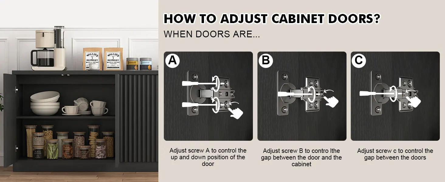 63‘’Fluted Sideboard with Storage 4 Doors & Adjustable Shelves Buffet Cabinet Large Modern Credenza Accent Console Cabinets