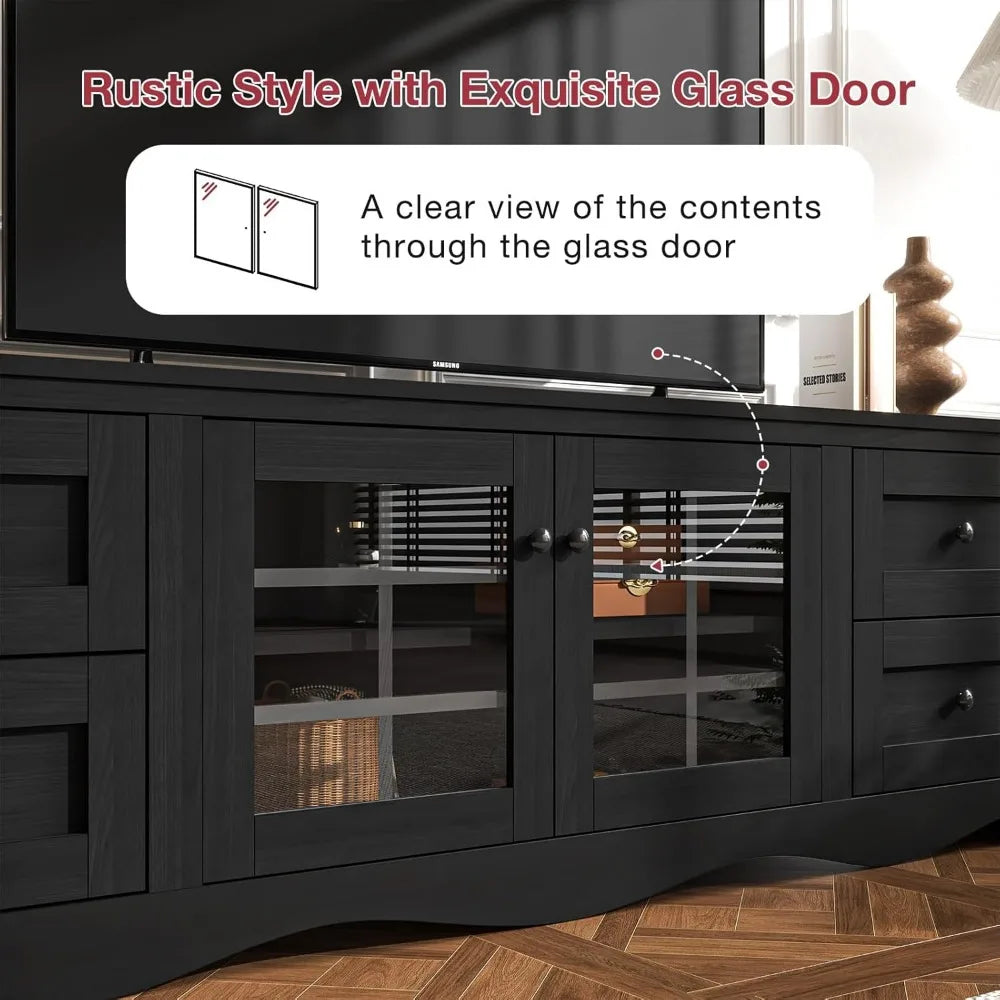 70" Modern TV Stands for for Living Room, Entertainment Center with 4 Large Drawers, Wood TV Console with Glass Door Storage