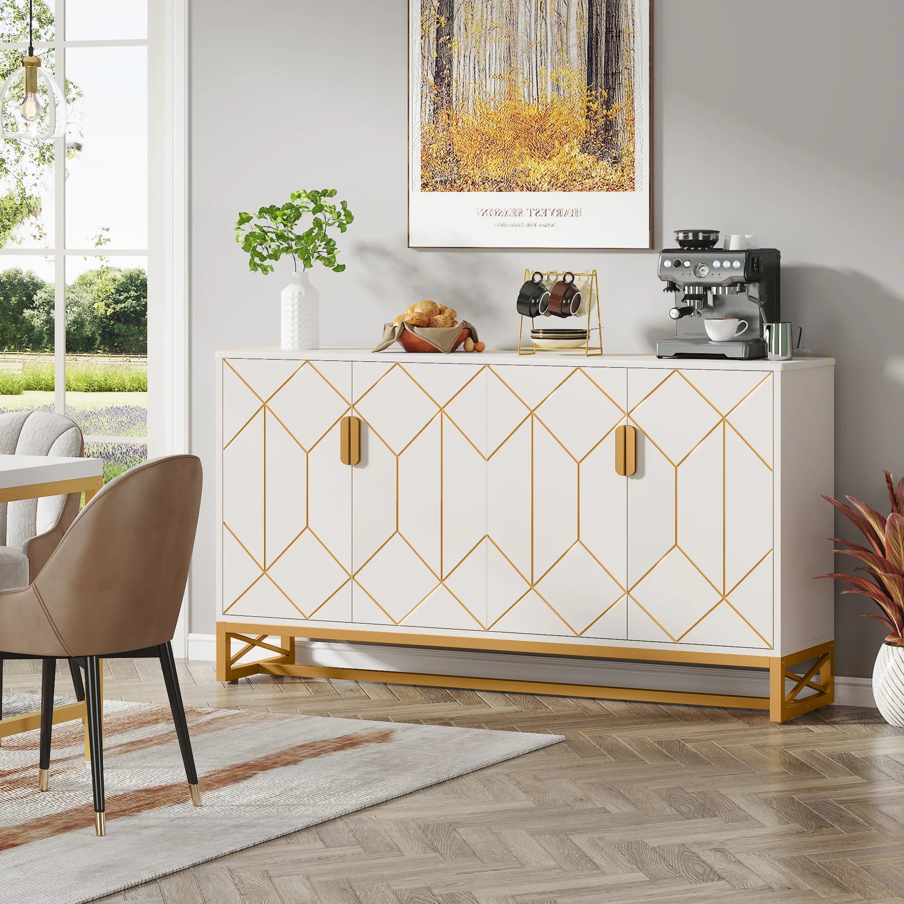 Tribesigns 59" White Gold Buffet Cabinet with Storage Kitchen Sideboard Storage Cabinet