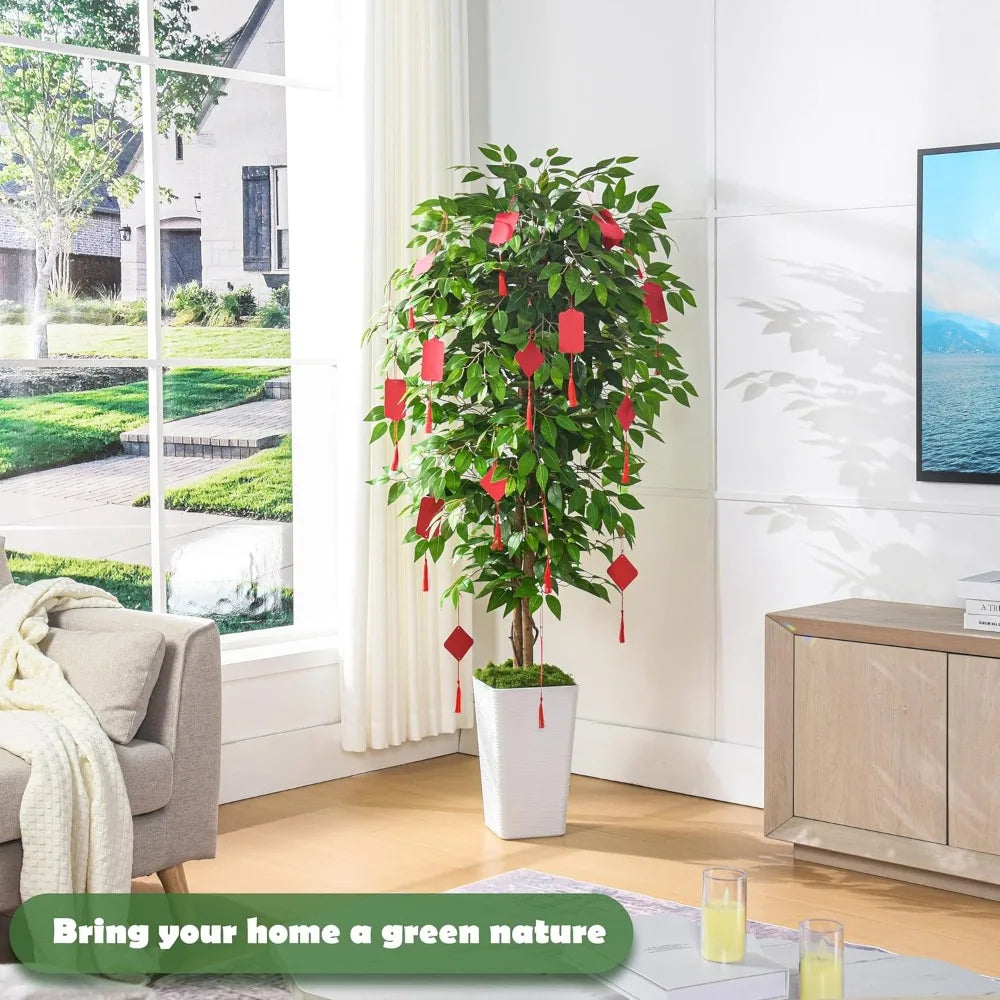 6-Foot Artificial Ficus Tree with UV-Resistant Silk Leaves, Real Wood Trunk, Suitable for Indoor and Outdoor Use