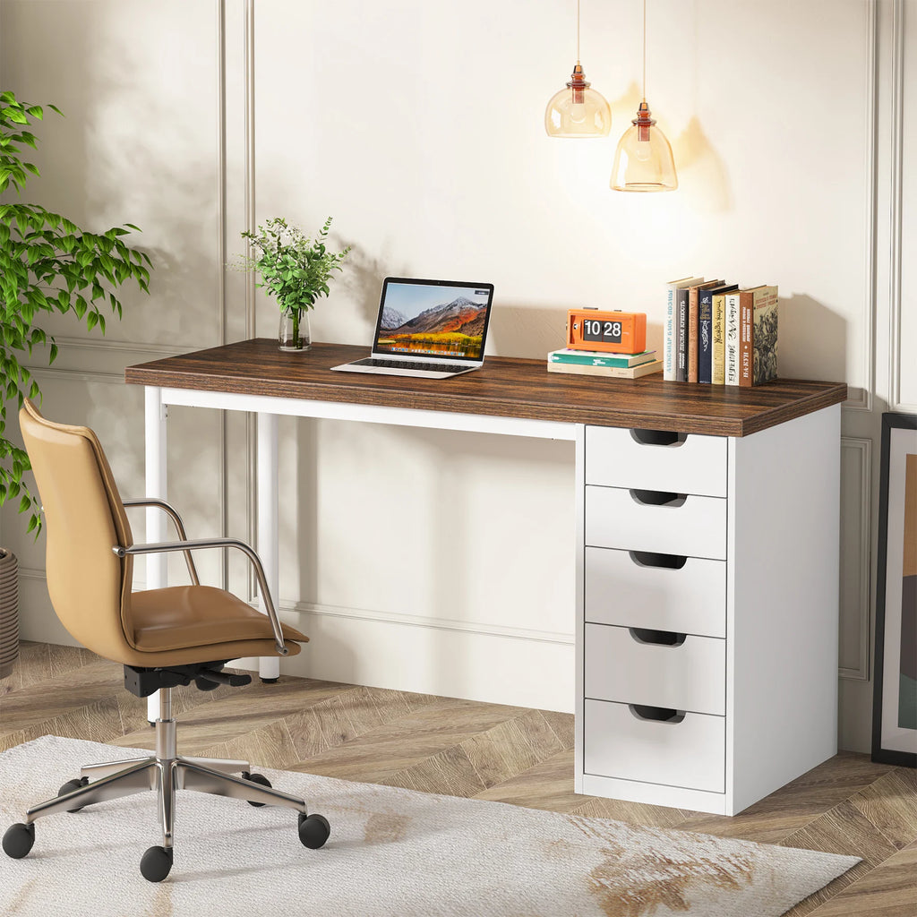 Tribesigns Computer Desk with 5 Drawers – 47-Inch Rustic Brown Home Office Desk with Storage